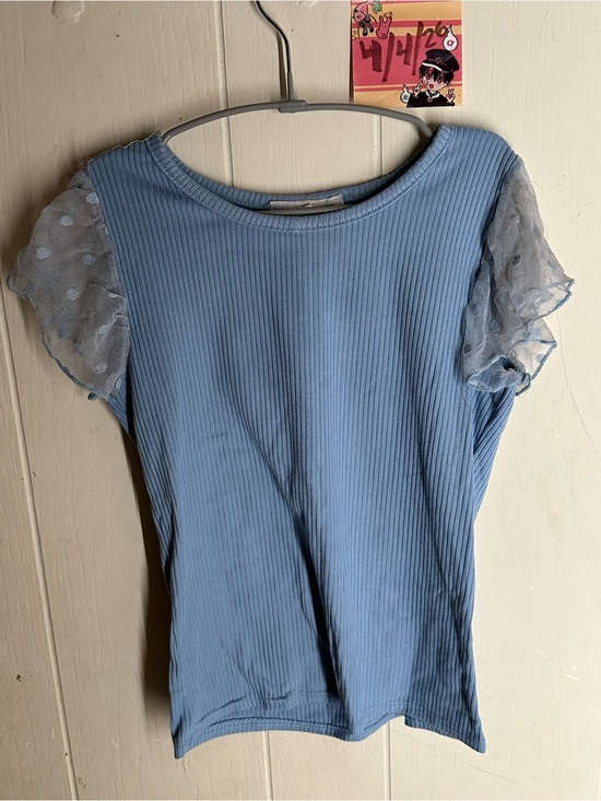 Dreamgirl Other - Dreamgirl Light Blue Ribbed Top with Sheer Polka Dot Puff Sleeves